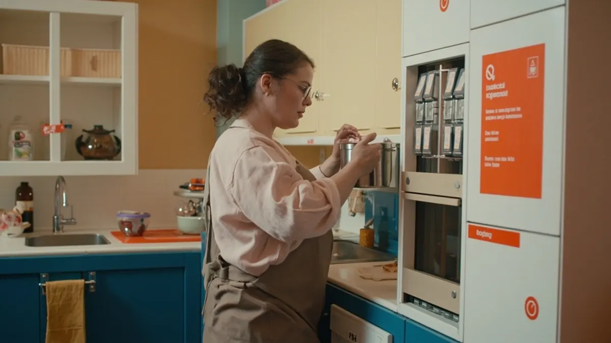 Eine Frau steht in einer hellen Küche und greift nach einer Dose im Regal.