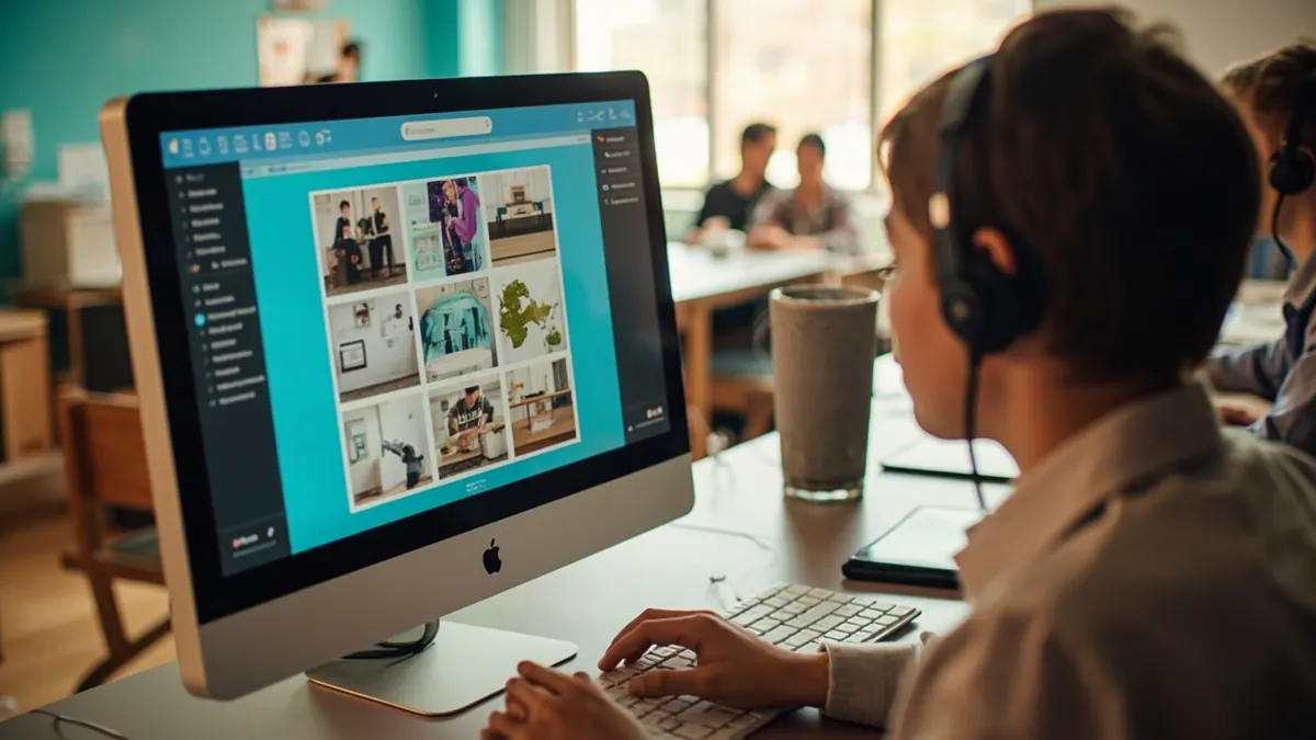Eine Person arbeitet mit Kopfhörern an einem Computer mit vergrößerter Darstellung.