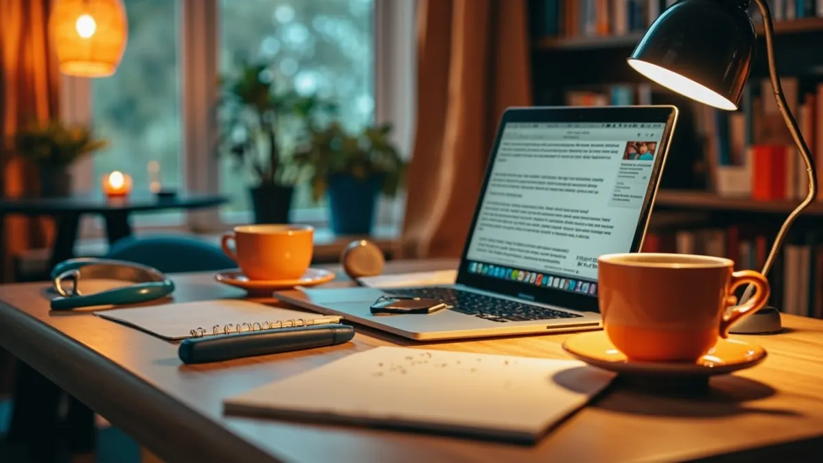 Ein Schreibtisch mit aufgeklapptem Laptop, Tasse und Notizblock im warmen Licht einer Leselampe.