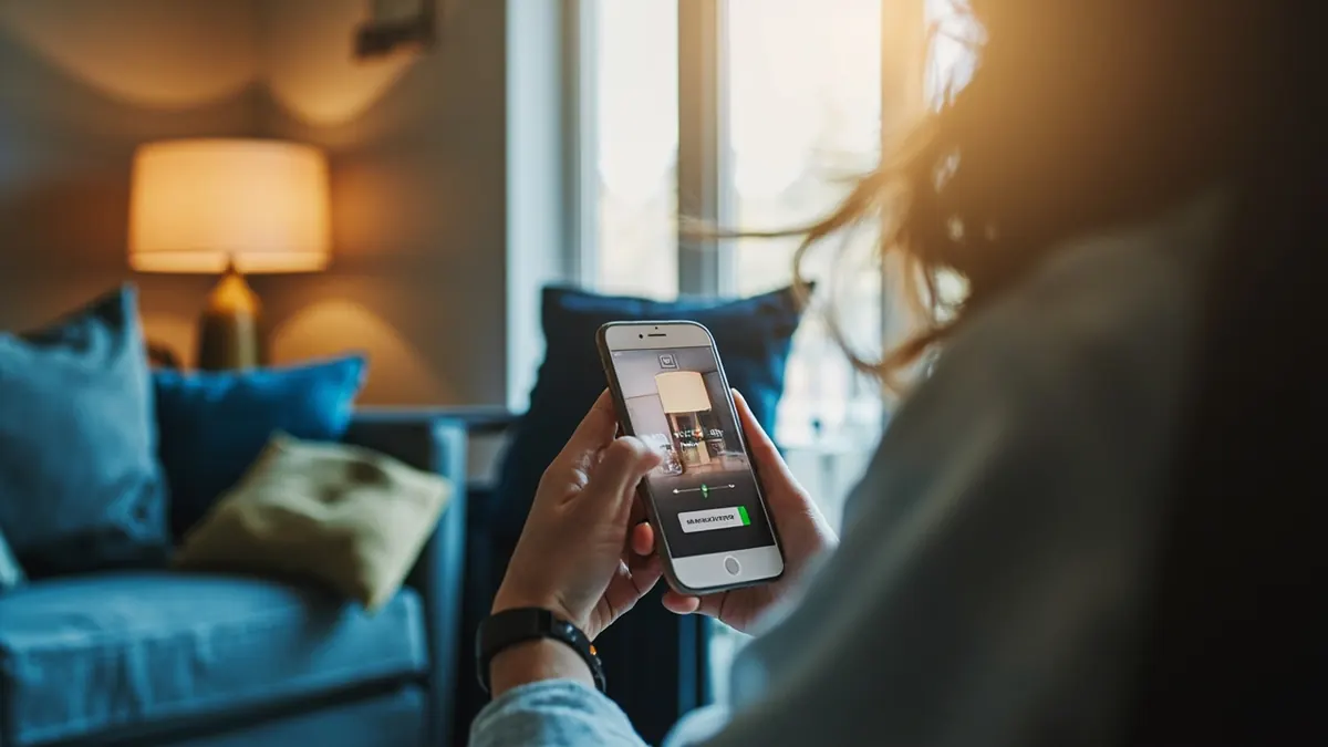 Hände halten ein Smartphone, dessen Kamera auf einen Gegenstand gerichtet ist.