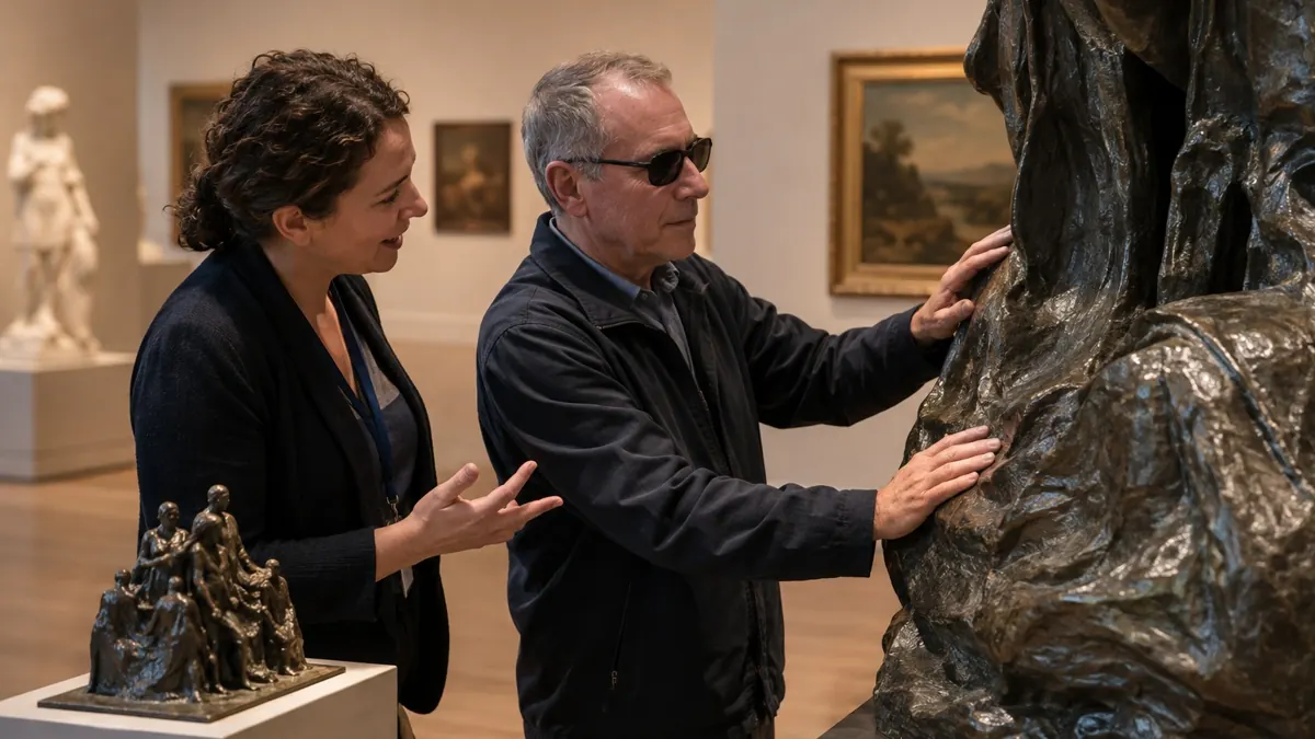 Ein Mann mit dunkler Brille ertastet in einem Museum eine große Bronzeskulptur, eine Museumsführerin beschreibt sie ihm.