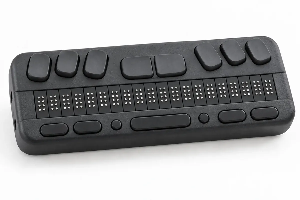 Symbolbild: kleine Braillezeile neben einem Smartphone