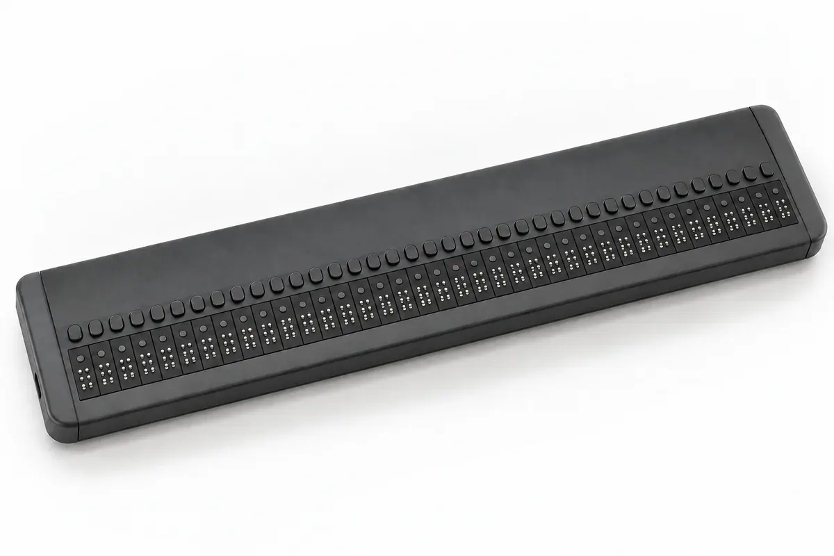 Symbolbild: lange Braillezeile vor einer Computertastatur