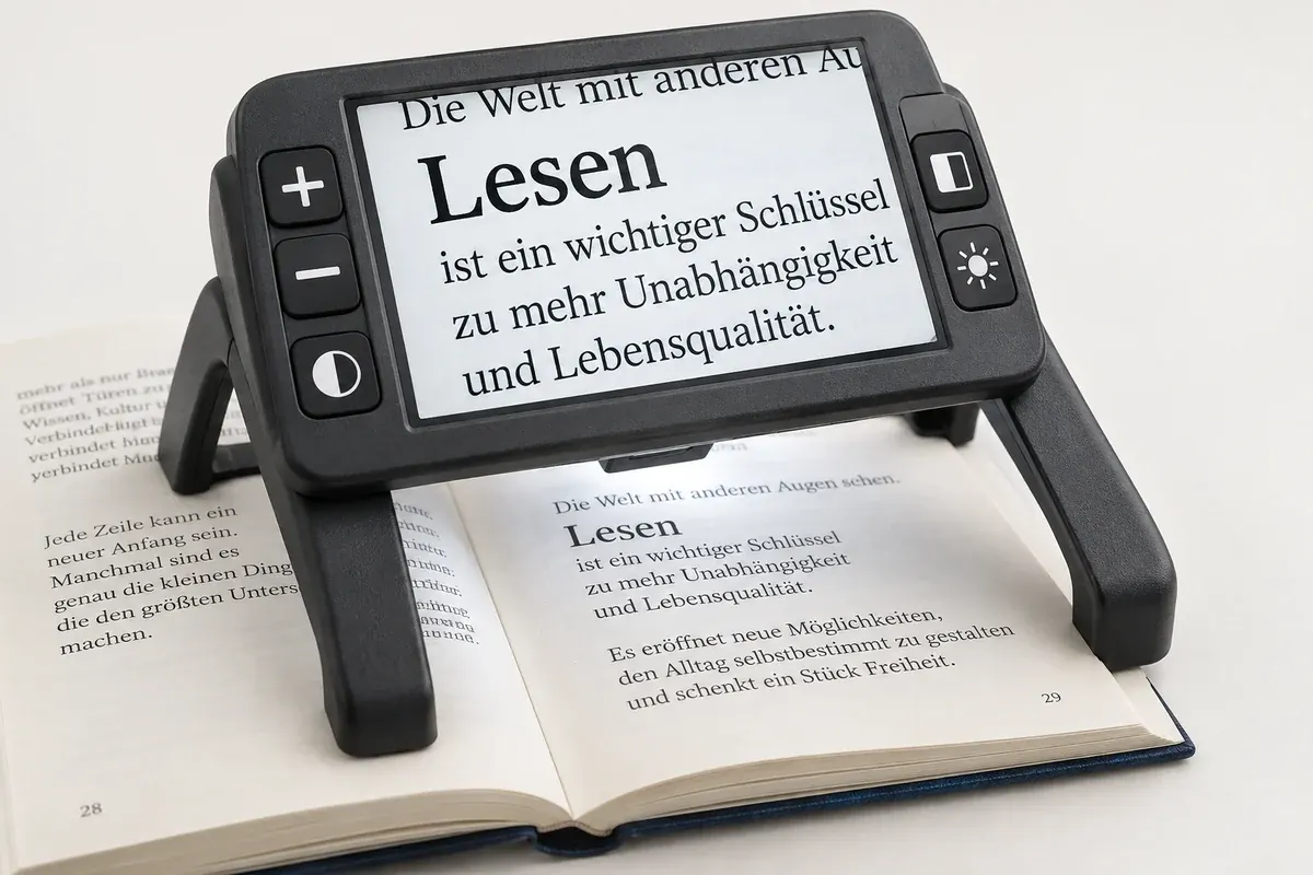 Symbolbild: elektronische Handlupe, die einen Buchtext stark vergrößert zeigt