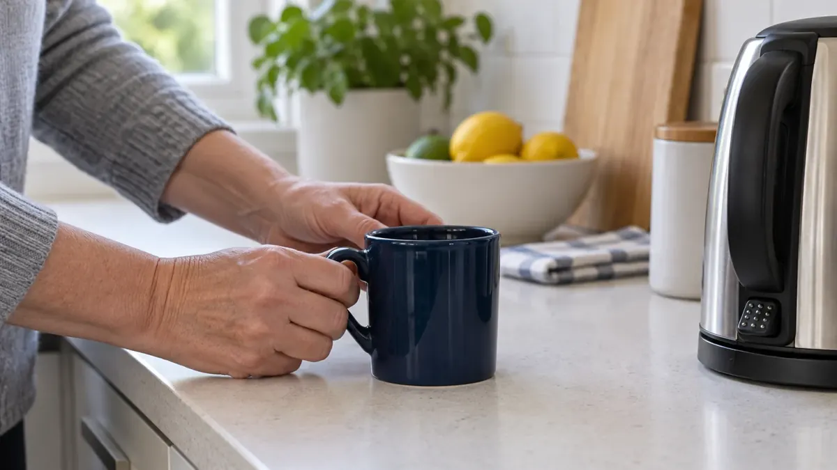 Eine Hand hält eine dunkelblaue Tasse auf einer hellen Arbeitsplatte, daneben ein Wasserkocher mit tastbaren Knöpfen.